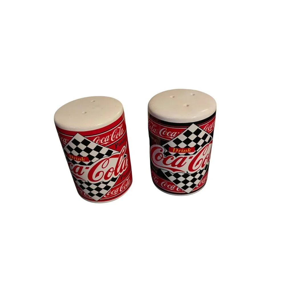 Coca-Cola Salt & Pepper Shaker Set Classic Racing Design Checkerboard Pattern - Picture 1 of 11